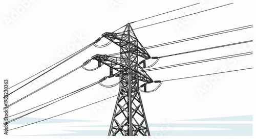 Detailed illustration of a pylon carrying multiple power lines against a bright sky