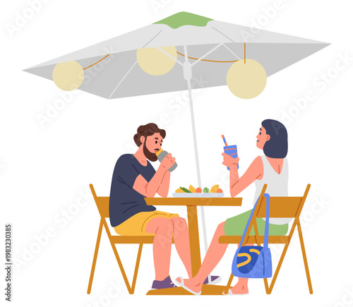 Foto Couple eating at a café under umbrella flat vector illustration isolated on white