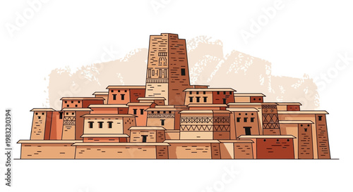 Ancient Middle Eastern Cityscape with Tower and Adobe Buildings.