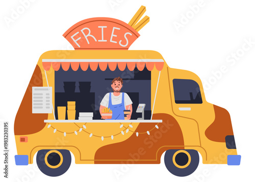 Fries food truck with seller holding fries and drink flat vector illustration isolated on white.