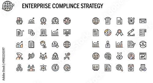 Enterprise Compliance Strategy Icons Set. Business and Finance
