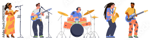 Diverse musicians playing on music instruments and singing flat vector illustration set isolated on white. Woman singer, electric and bass guitar players, drummer, saxophone player.