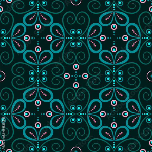 Frilly square ethnic ornament. Seamless pattern of floral curled elements and dotted lines. Ornamental filigree background. Blue green elements on dark background