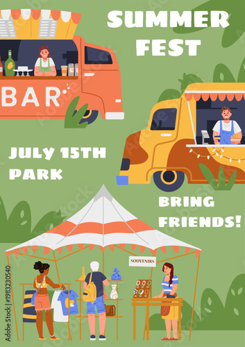 Summer festival invitation template with food trucks, tent with people buying souvenirs vector illustration.