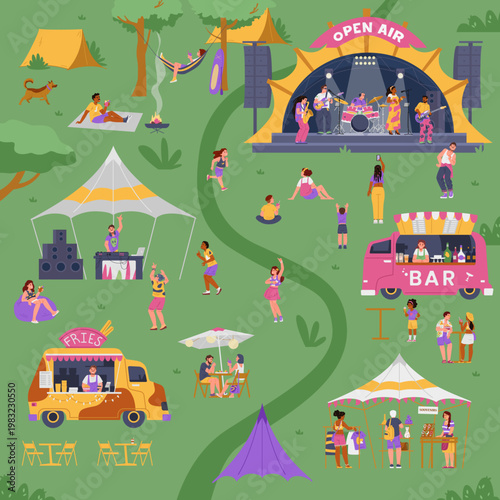 Summer open air festival square banner with diverse tiny people listening and dancing to music from the stages, eating, relaxing, shopping souvenirs vector illustration.