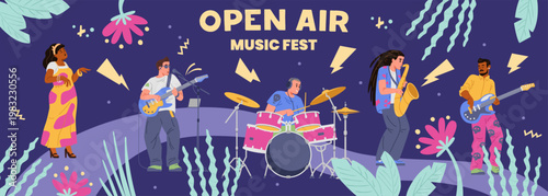 Open air music fest horizontal vector banner with diverse musicians performing.
