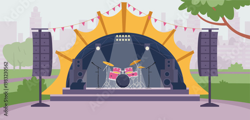Musical stage with drum kit, spotlights and sound system with no people in the city park flat vector illustration.