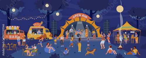 Night summer open air festival with diverse people listening and dancing to music from the stage, eating, relaxing, shopping souvenirs vector illustration.