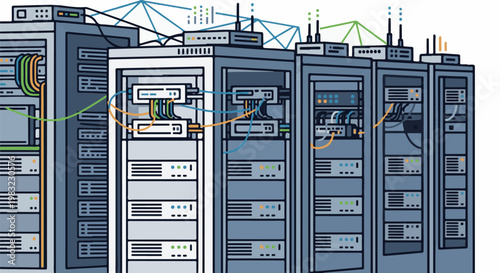Network server racks with interconnected devices and cables