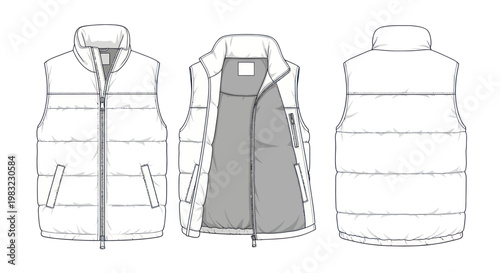 Puffer Vest Fashion Flat Sketch - Front, Inside, Back Views
