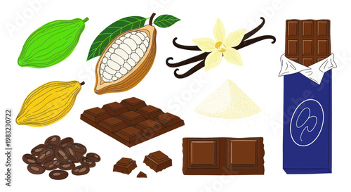 Chocolate making ingredients: cocoa pods, beans, vanilla, and finished bars