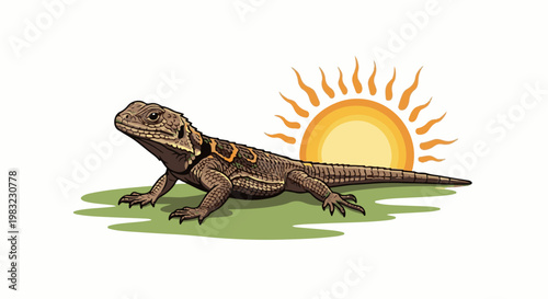 A detailed illustration of a reptile on grass with a vibrant sun rising behind