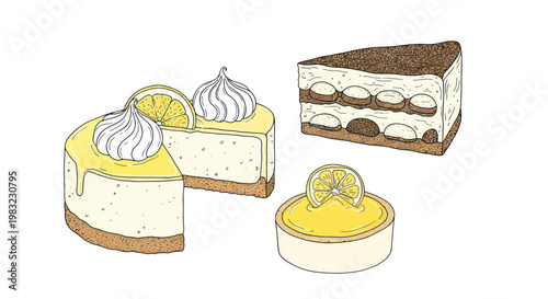 Dessert Variety: Lemon Cheesecake and Tiramisu Slices Hand-Drawn Illustration