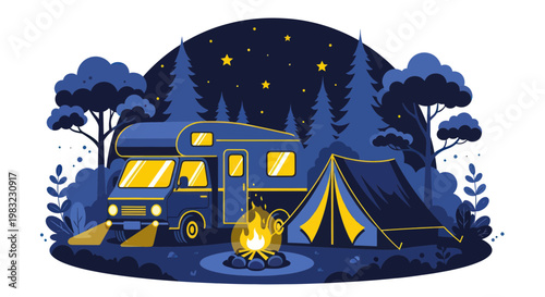 Night Camping Scene with RV and Tent Under Starry Sky