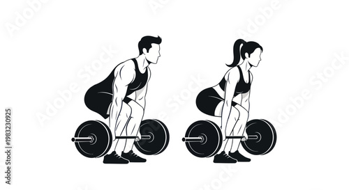 Man and Woman Performing Deadlift Exercise with Barbell