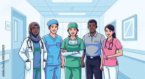 A diverse medical team stands in a hospital corridor, smiling