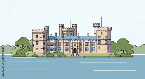 A grand, symmetrical castle with turrets stands by a tranquil lake
