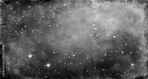 Grungy Black and White Starry Night Sky with Distressed Border.