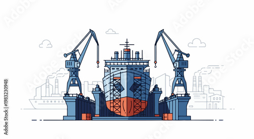 A large ship is being repaired in a dry dock with two large cranes