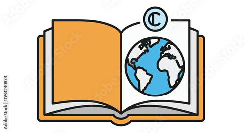An open book displays a vibrant illustration of earth with a copyright symbol