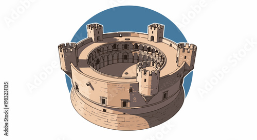 Circular stone fortress with turrets and inner courtyard