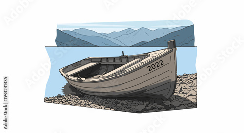 An old wooden boat rests on a rocky shore with misty mountains in the distance