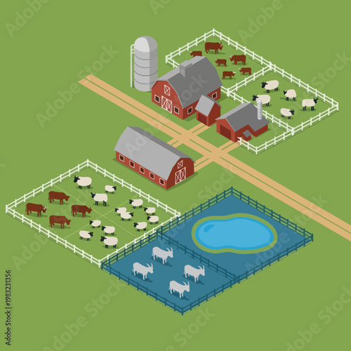 Farm Scene with Buildings and Animals.