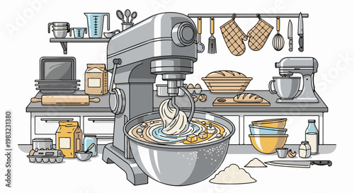 Kitchen scene with stand mixer, baking ingredients and utensils
