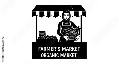 Woman sells fresh produce at a farmer's market organic stall outdoors