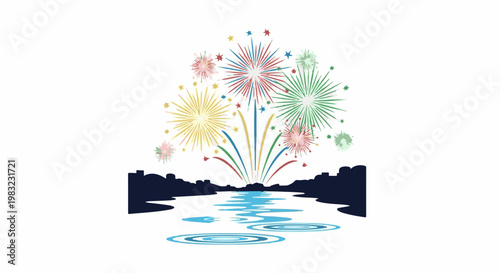 Colorful fireworks burst over a dark city skyline reflected in calm water