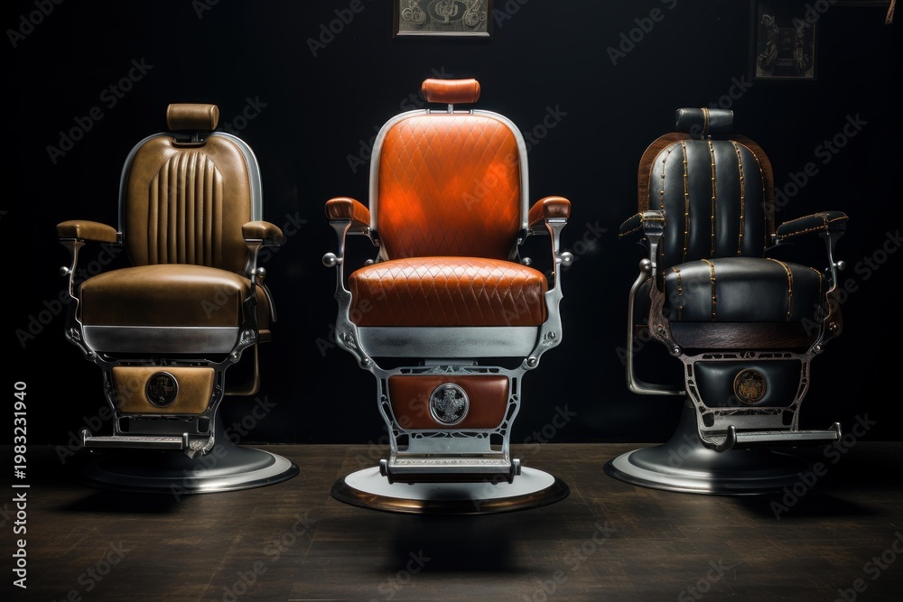 Fototapeta premium Three classic barber chairs ready for a stylish haircut and shave