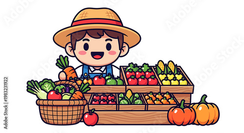 A cheerful boy displays fresh produce from his farm market stand.