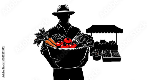 Man holding fresh produce at outdoor market with fruit and vegetables