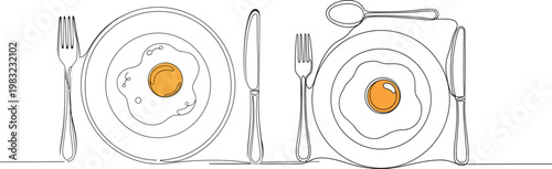 Minimalist Line Art of Breakfast with Fried Eggs, Plates, and Cutlery for Food, Dining, and Culinary Design Themes