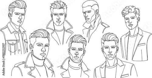 Stylized Male Portraits Line Art Set Featuring Fashionable Hairstyles and Jackets for Modern, Urban, and Youth Culture Themes