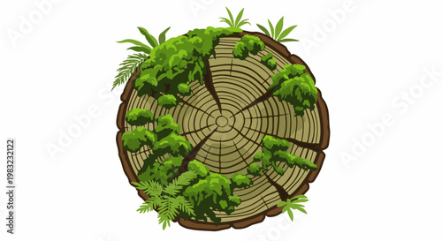 Tree stump with moss and ferns, showing growth rings