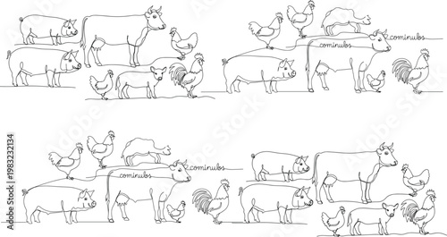 Farm Animal Line Art Collection Featuring Pig, Cow, Chicken, and Rooster for Agricultural, Rural, and Animal Lovers