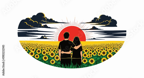 Couple embracing in a vast sunflower field under a dramatic sky at sunset