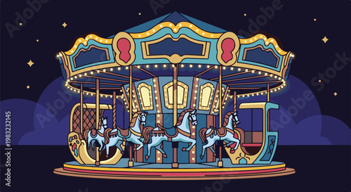 Festive carousel with illuminated horses and starry night sky