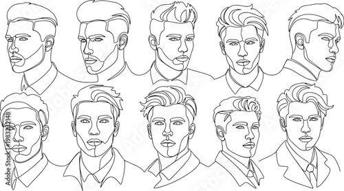 Stylized Male Portraits Line Art Set Featuring Various Hairstyles and Suits for Modern, Fashion, and Men's Style Concepts