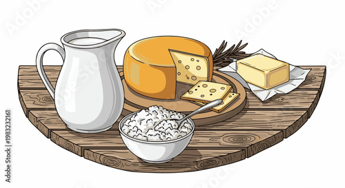 A still life of dairy products on a wooden surface with a white background