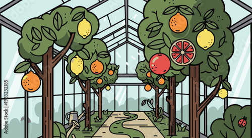 Lush greenhouse interior with citrus trees bearing fruit and a winding path