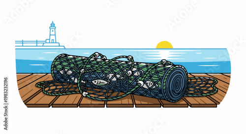 Fishing nets full of fish on a dock by the ocean with a lighthouse