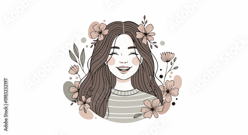Joyful girl with long flowing hair and blooming flowers
