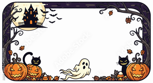 A spooky Halloween frame with jack-o'-lanterns, black cats, a ghost, and a haunted house