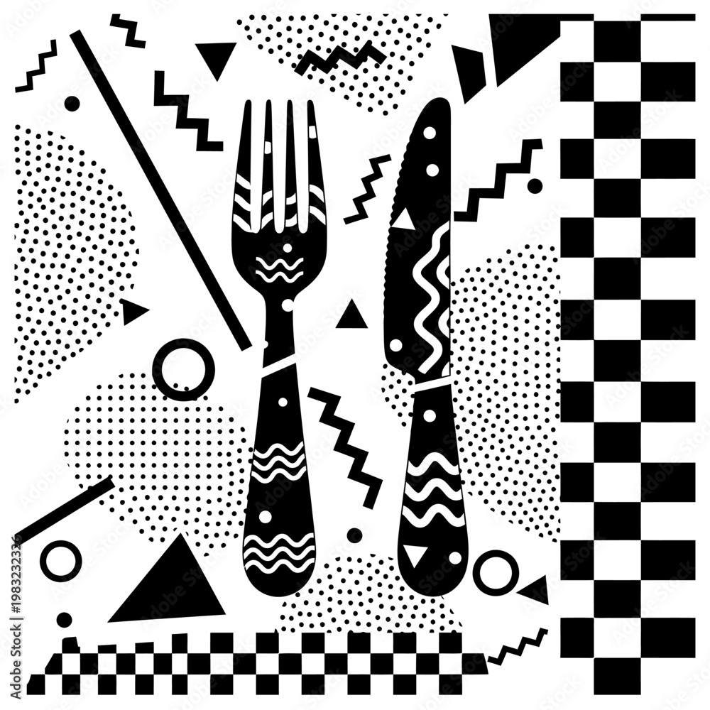 Fototapeta premium Retro 80s Memphis style cutlery set with abstract geometric patterns.