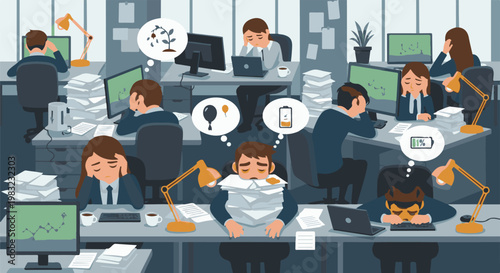 Office workers overwhelmed by stress and exhaustion, dreaming of escape