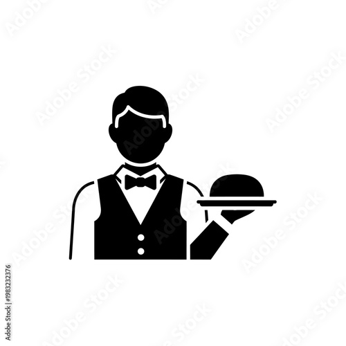 Waiter silhouette in tuxedo carrying a food platter icon.