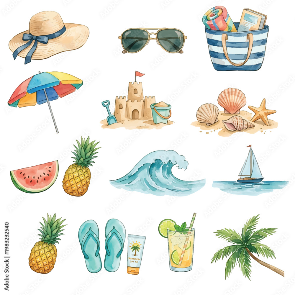 Fototapeta premium summer beach icons set with tropical vacation elements sun sea palm trees umbrella island ocean boat sunglasses starfish and travel symbols vector illustration