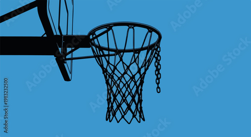 Silhouette of a basketball hoop and net against a blue sky